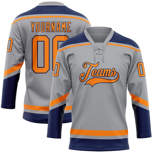 Custom Gray Bay Orange-Navy Hockey Lace Neck Jersey - Sky-Custom