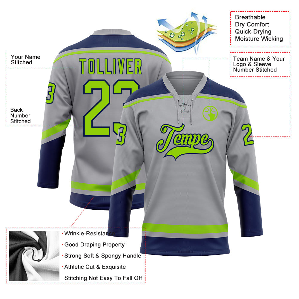 Custom Gray Neon Green-Navy Hockey Lace Neck Jersey - Sky-Custom