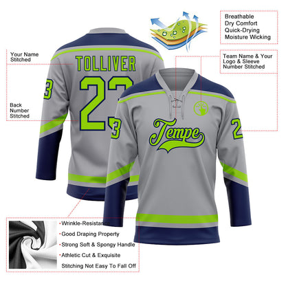 Custom Gray Neon Green-Navy Hockey Lace Neck Jersey - Sky-Custom