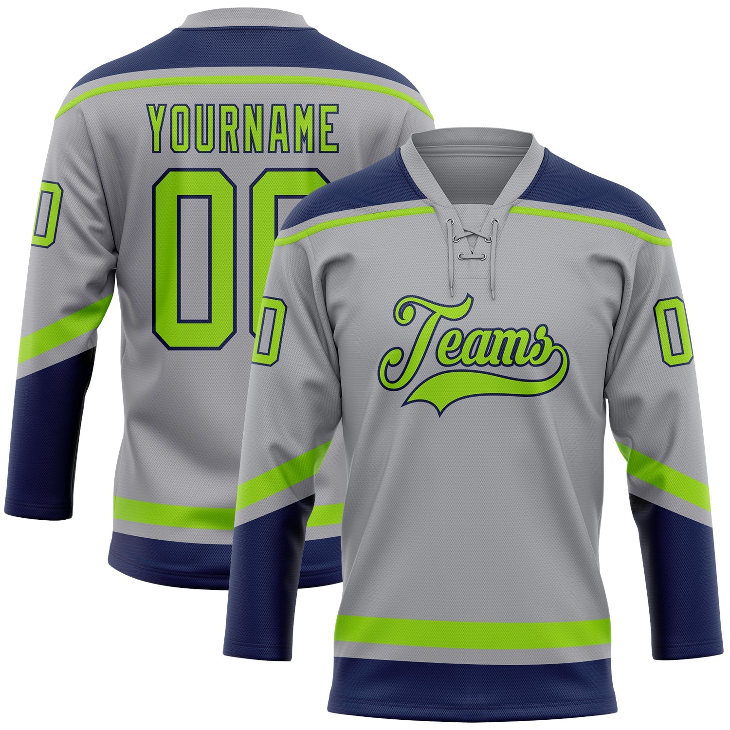 Custom Gray Neon Green-Navy Hockey Lace Neck Jersey - Sky-Custom