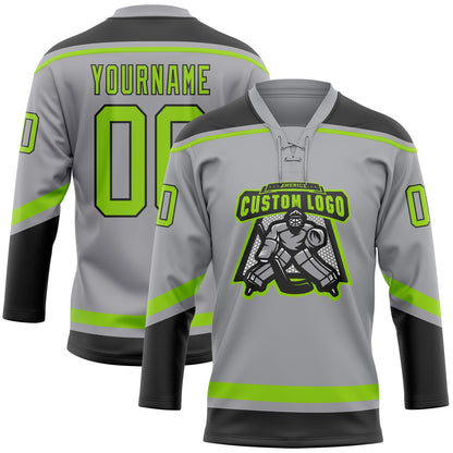 Custom Gray Neon Green-Black Hockey Lace Neck Jersey - Sky-Custom