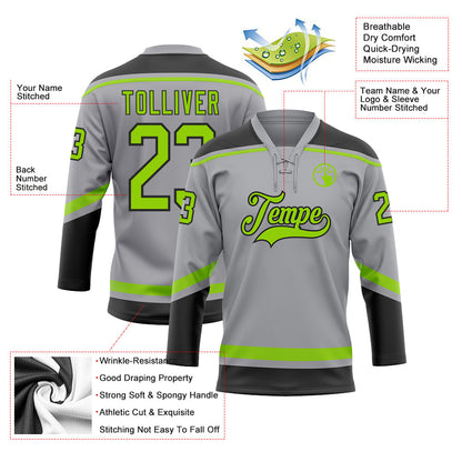 Custom Gray Neon Green-Black Hockey Lace Neck Jersey - Sky-Custom