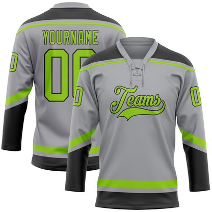 Custom Gray Neon Green-Black Hockey Lace Neck Jersey - Sky-Custom