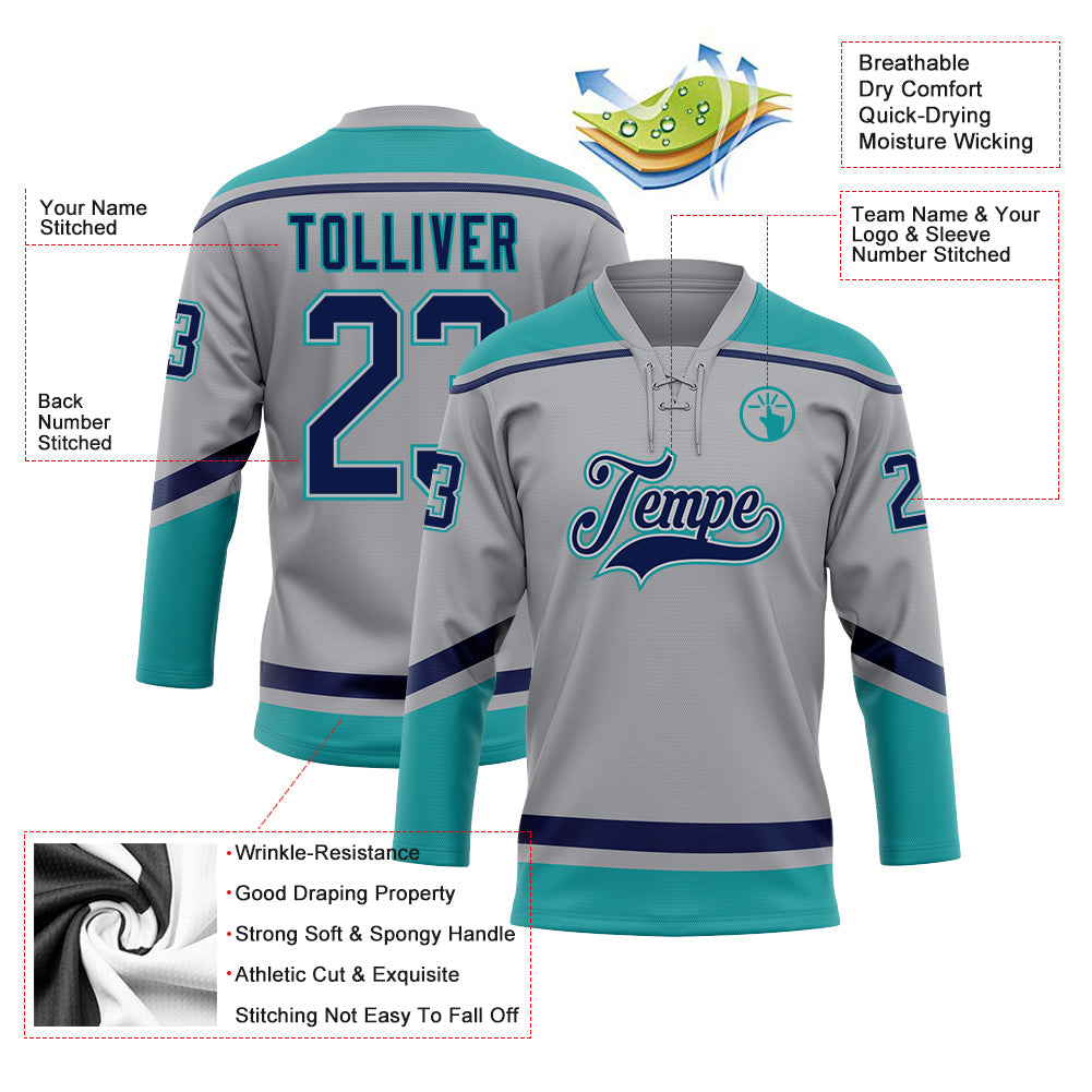 Custom Gray Navy-Teal Hockey Lace Neck Jersey - Sky-Custom