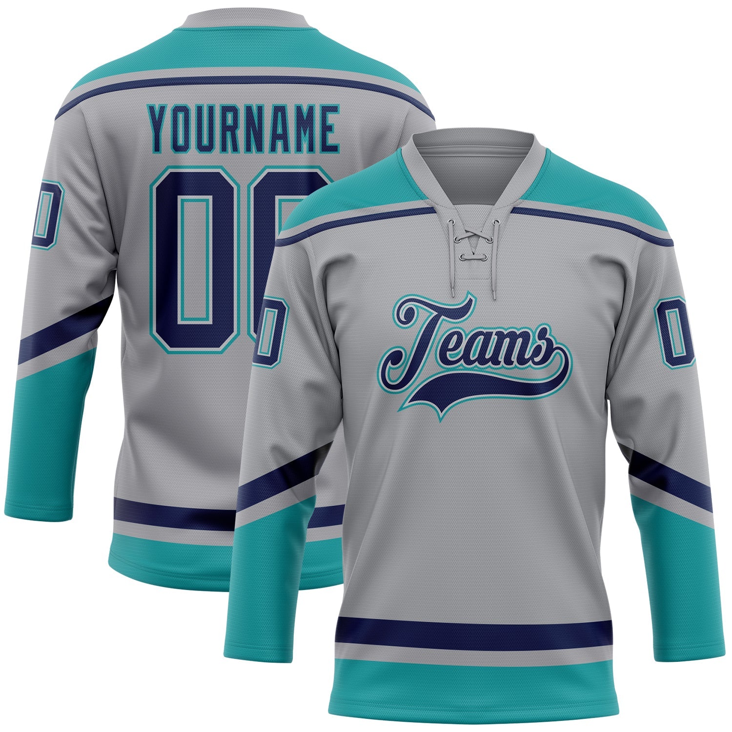 Custom Gray Navy-Teal Hockey Lace Neck Jersey - Sky-Custom