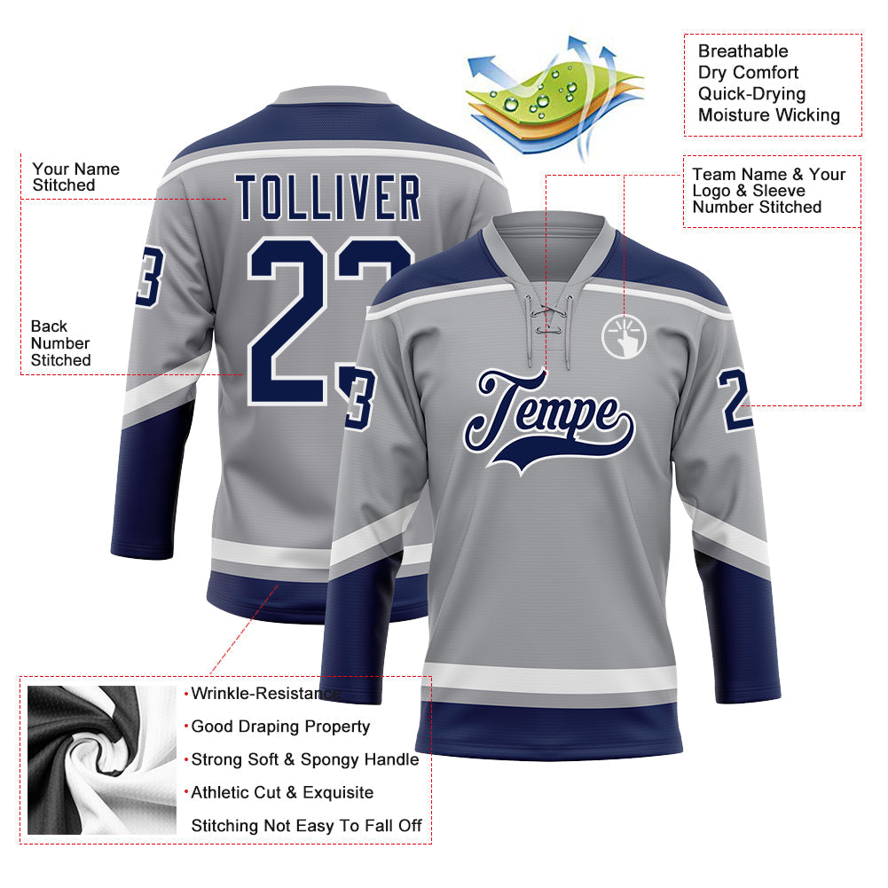 Custom Gray Navy-White Hockey Lace Neck Jersey - Sky-Custom