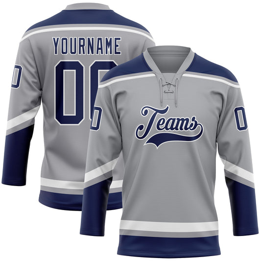 Custom Gray Navy-White Hockey Lace Neck Jersey - Sky-Custom