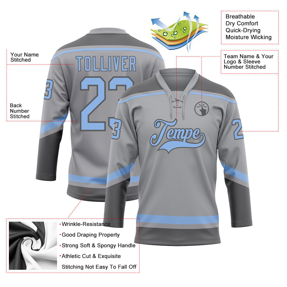 Custom Gray Light Blue-Steel Gray Hockey Lace Neck Jersey - Sky-Custom