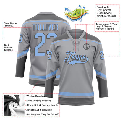 Custom Gray Light Blue-Steel Gray Hockey Lace Neck Jersey - Sky-Custom