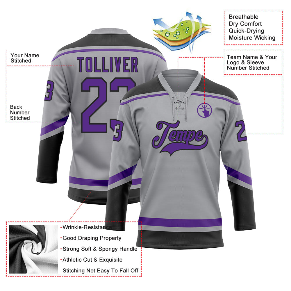 Custom Gray Purple-Black Hockey Lace Neck Jersey - Sky-Custom