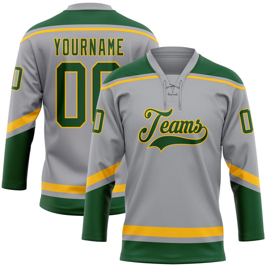 Custom Gray Green-Gold Hockey Lace Neck Jersey - Sky-Custom