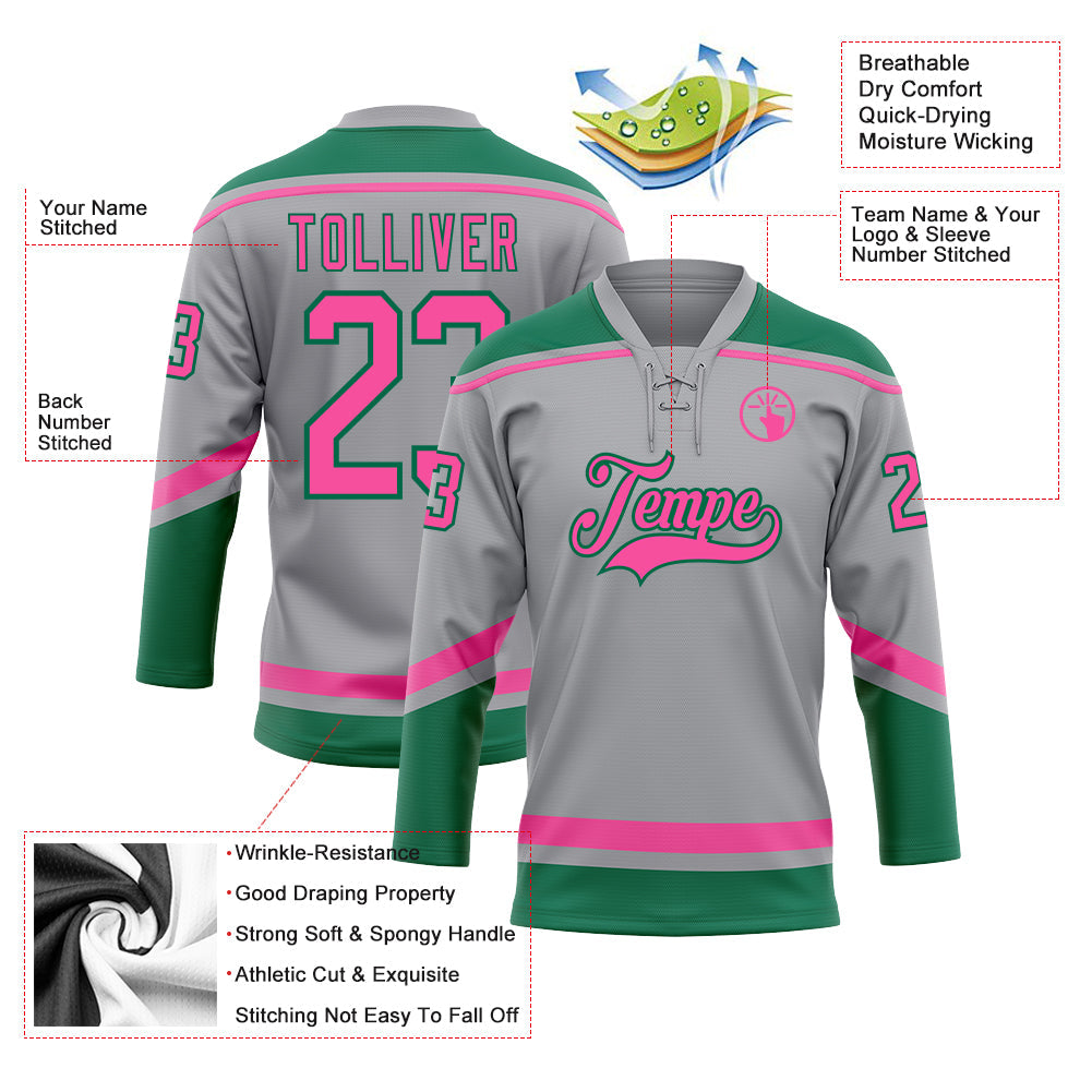 Custom Gray Pink-Kelly Green Hockey Lace Neck Jersey - Sky-Custom