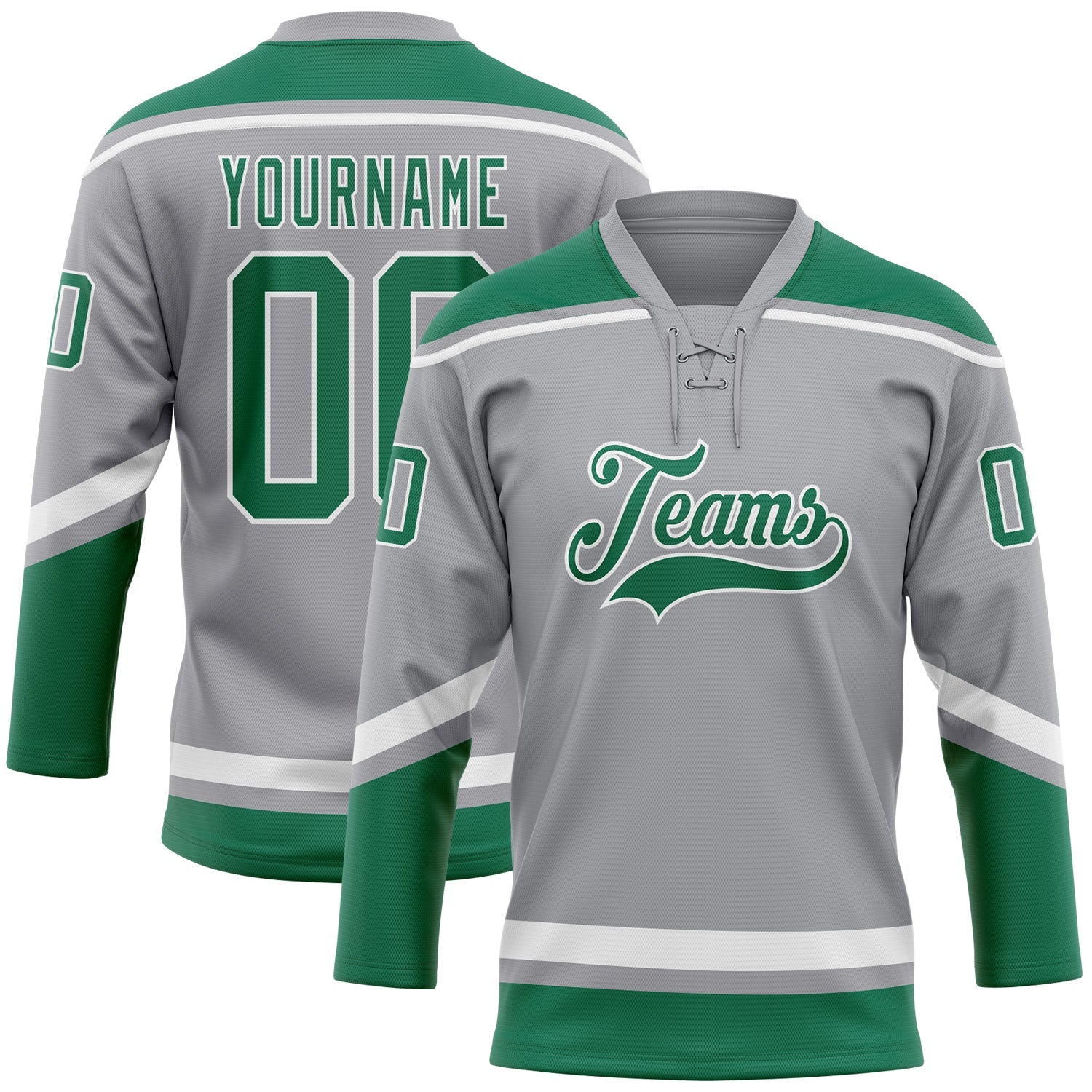 Custom Gray Kelly Green-White Hockey Lace Neck Jersey - Sky-Custom