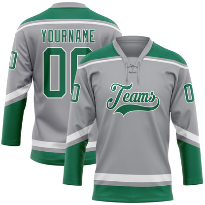 Custom Gray Kelly Green-White Hockey Lace Neck Jersey - Sky-Custom