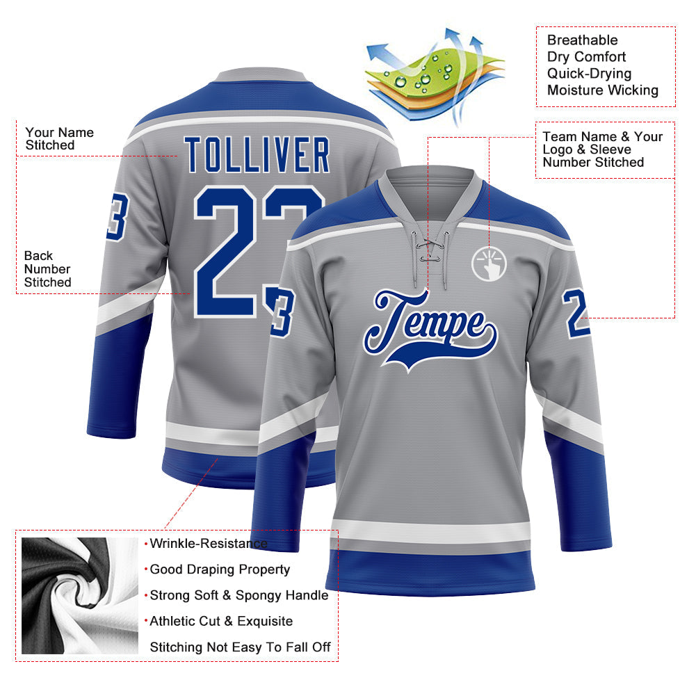 Custom Gray Royal-White Hockey Lace Neck Jersey - Sky-Custom