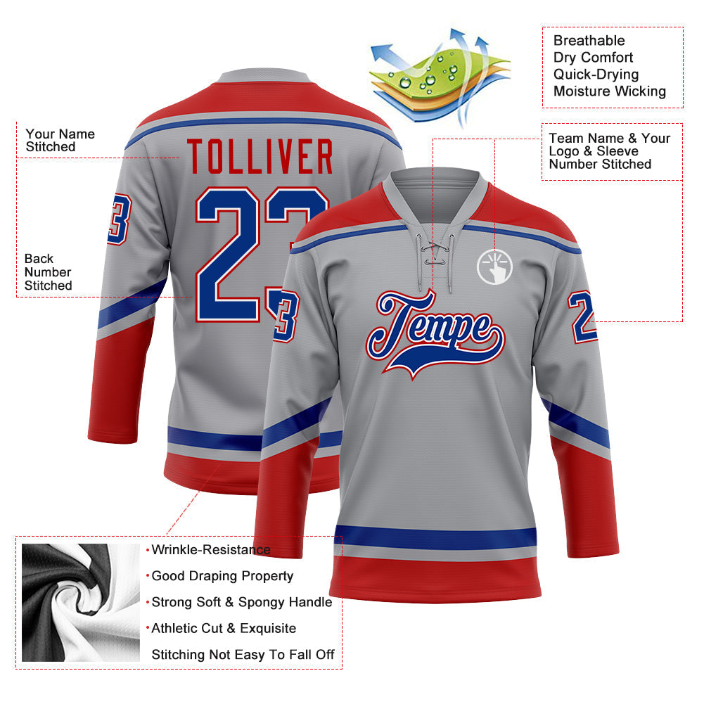 Custom Gray Royal-Red Hockey Lace Neck Jersey - Sky-Custom