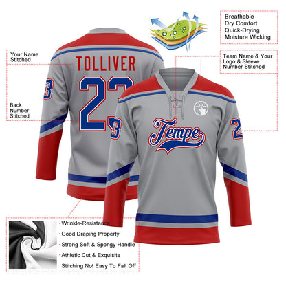 Custom Gray Royal-Red Hockey Lace Neck Jersey - Sky-Custom