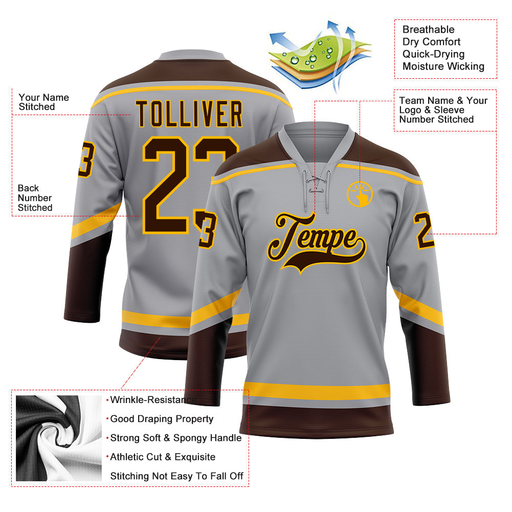 Custom Gray Brown-Gold Hockey Lace Neck Jersey - Sky-Custom