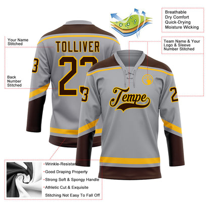 Custom Gray Brown-Gold Hockey Lace Neck Jersey - Sky-Custom