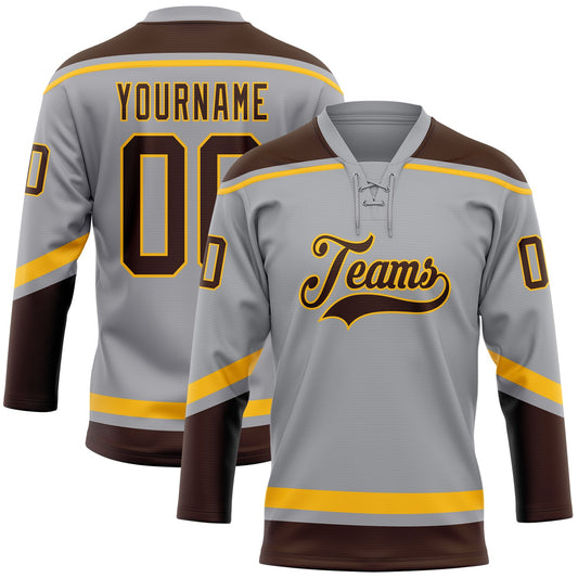 Custom Gray Brown-Gold Hockey Lace Neck Jersey - Sky-Custom