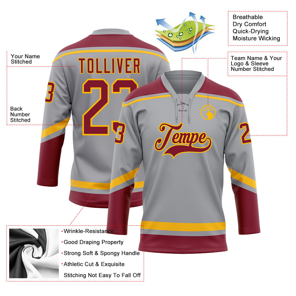 Custom Gray Crimson-Gold Hockey Lace Neck Jersey - Sky-Custom