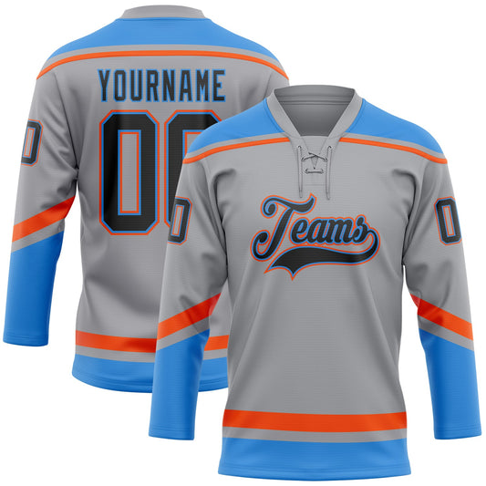 Custom Gray Black Powder Blue-Orange Hockey Lace Neck Jersey - Sky-Custom