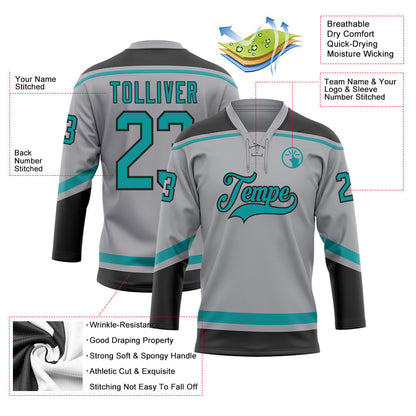 Custom Gray Teal-Black Hockey Lace Neck Jersey - Sky-Custom