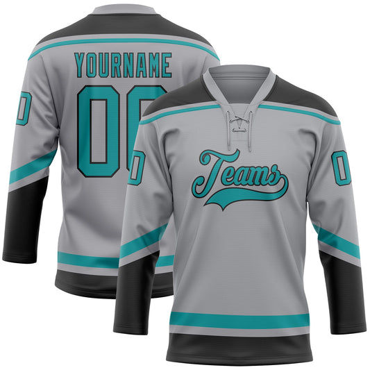 Custom Gray Teal-Black Hockey Lace Neck Jersey - Sky-Custom