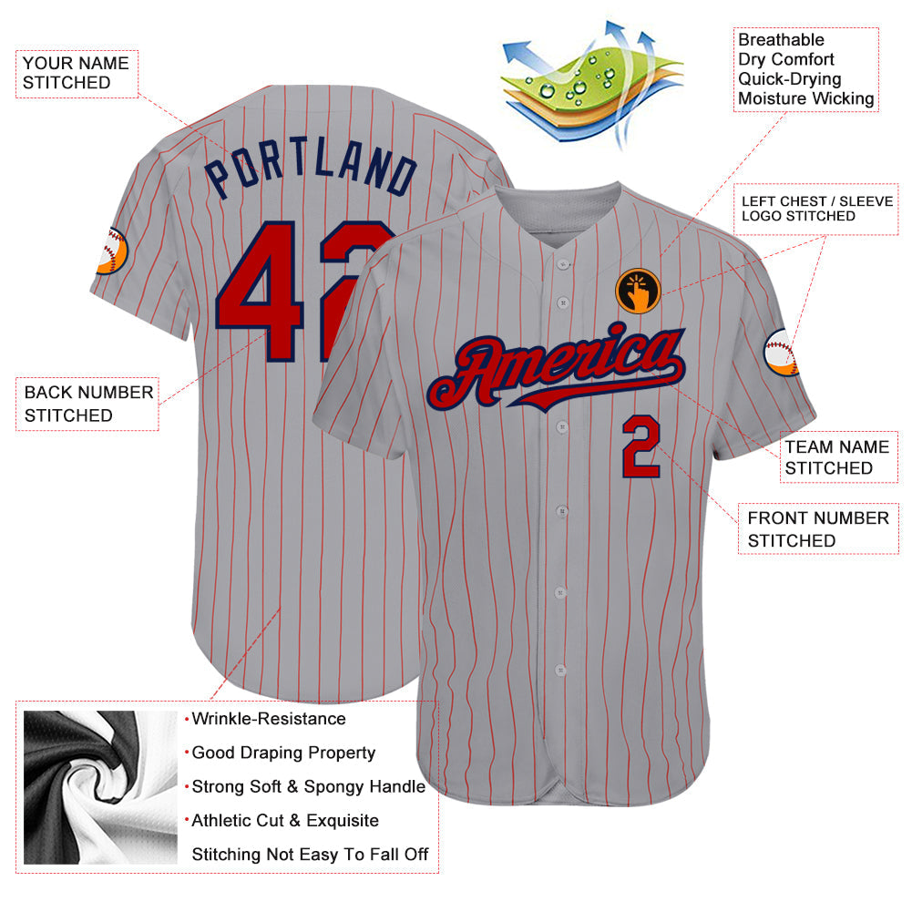 Custom Gray Red Pinstripe Navy Authentic Baseball Jersey - Sky-Custom
