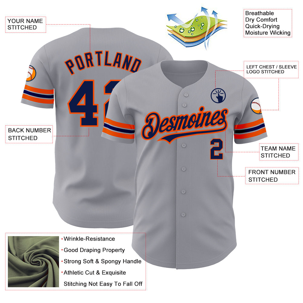 Custom Gray Navy-Orange Authentic Baseball Jersey - Sky-Custom