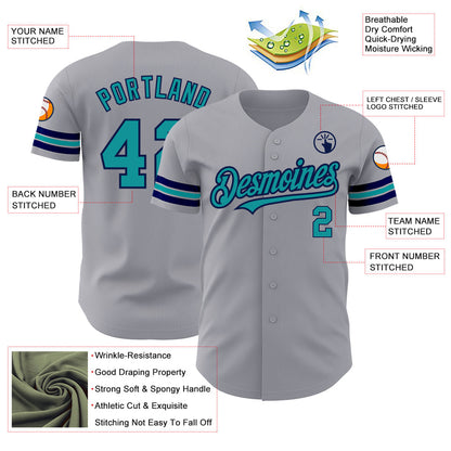Custom Gray Teal-Navy Authentic Baseball Jersey - Sky-Custom