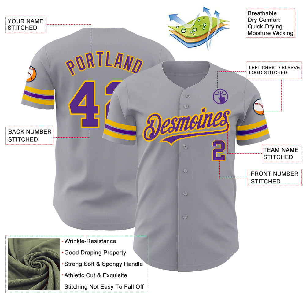 Custom Gray Purple-Gold Authentic Baseball Jersey - Sky-Custom
