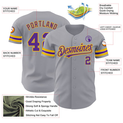 Custom Gray Purple-Gold Authentic Baseball Jersey - Sky-Custom