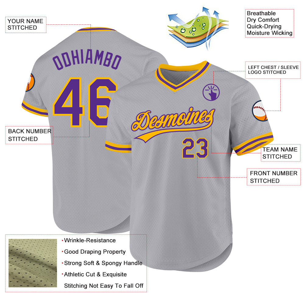 Custom Gray Purple-Gold Authentic Throwback Baseball Jersey - Sky-Custom