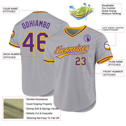 Custom Gray Purple-Gold Authentic Throwback Baseball Jersey - Sky-Custom