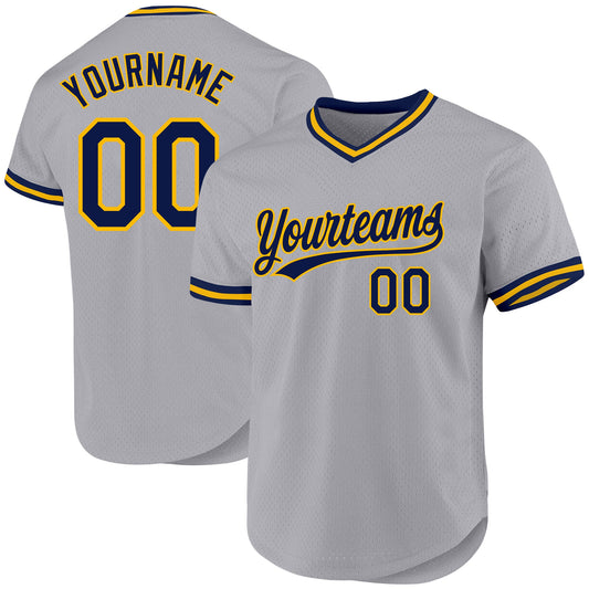 Custom Gray Navy-Gold Authentic Throwback Baseball Jersey - Sky-Custom
