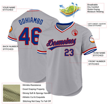 Custom Gray Royal-Red Authentic Throwback Baseball Jersey - Sky-Custom