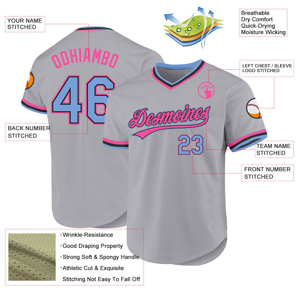 Custom Gray Light Blue Black-Pink Authentic Throwback Baseball Jersey - Sky-Custom