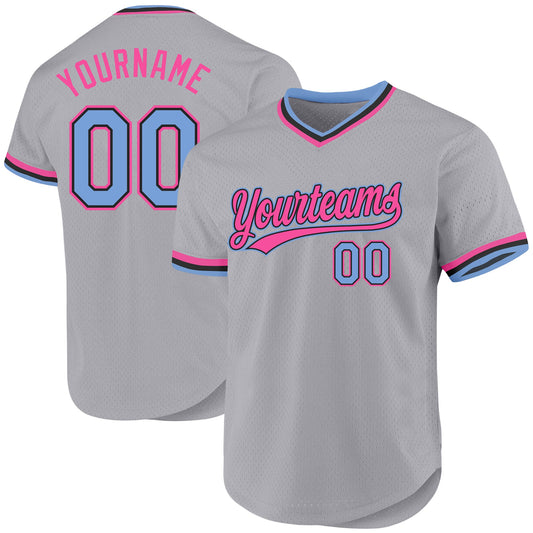 Custom Gray Light Blue Black-Pink Authentic Throwback Baseball Jersey - Sky-Custom