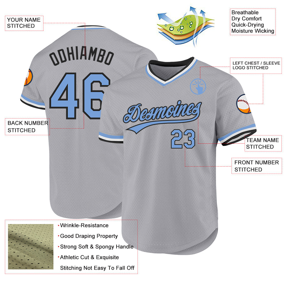 Custom Gray Light Blue-Black Authentic Throwback Baseball Jersey - Sky-Custom