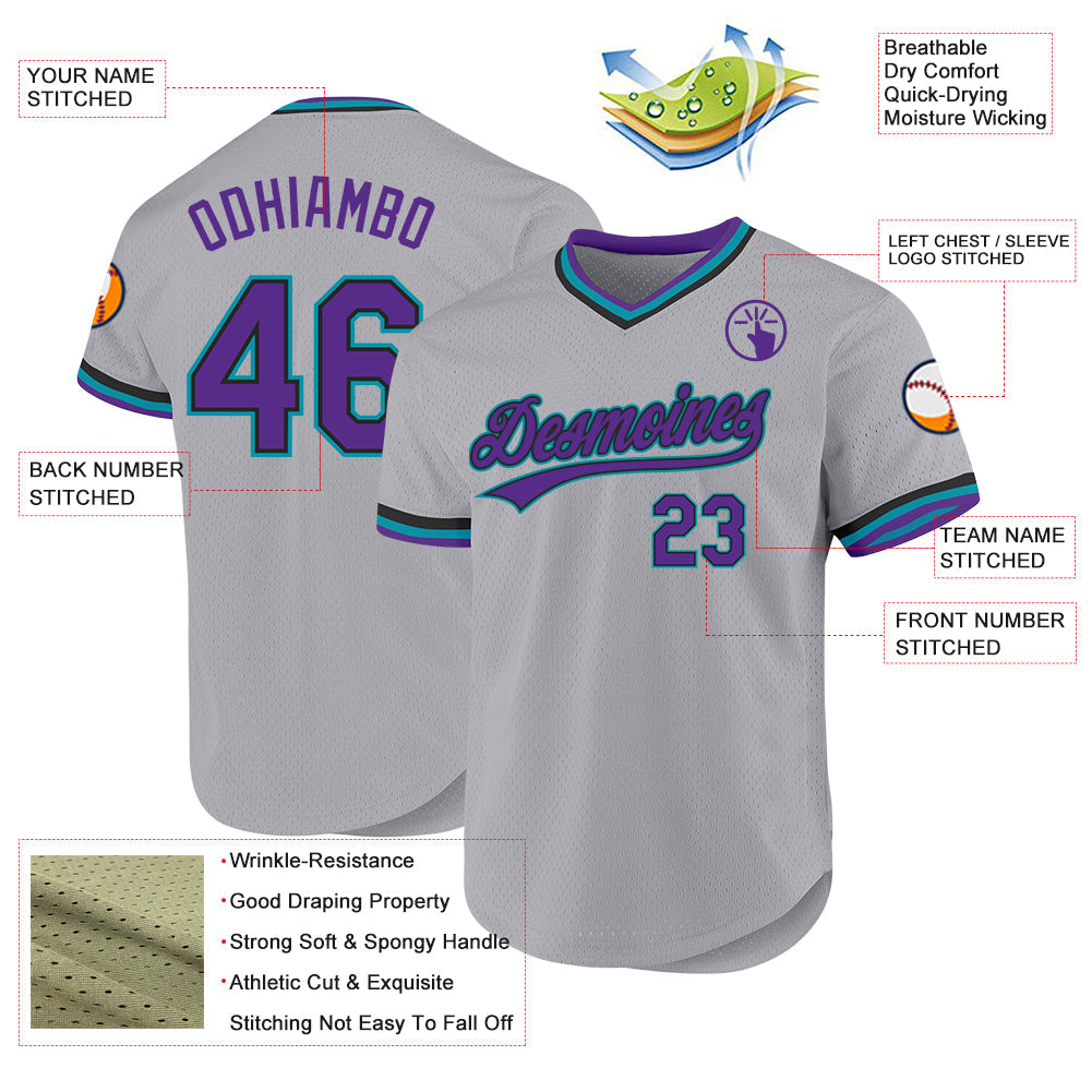 Custom Gray Purple Black-Teal Authentic Throwback Baseball Jersey - Sky-Custom