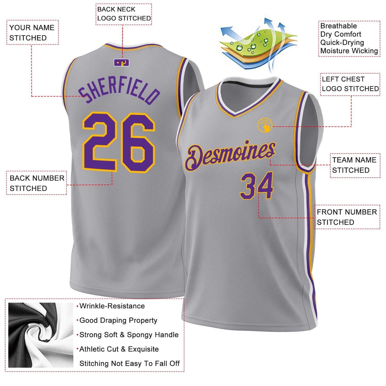 Custom Gray Purple-Gold Authentic Throwback Basketball Jersey - Sky-Custom