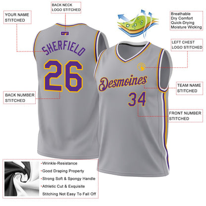 Custom Gray Purple-Gold Authentic Throwback Basketball Jersey - Sky-Custom