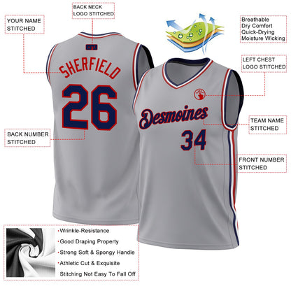 Custom Gray Navy-Red Authentic Throwback Basketball Jersey - Sky-Custom