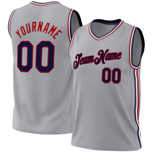 Custom Gray Navy-Red Authentic Throwback Basketball Jersey - Sky-Custom