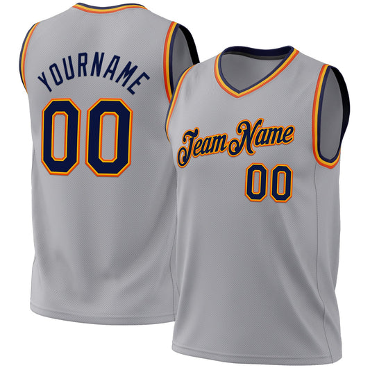 Custom Gray Navy Gold-Orange Authentic Throwback Basketball Jersey - Sky-Custom