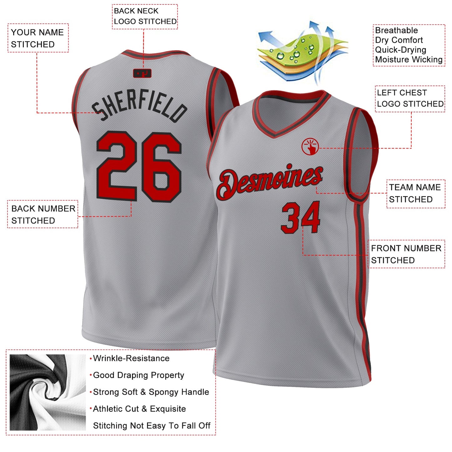 Custom Gray Red-Black Authentic Throwback Basketball Jersey - Sky-Custom