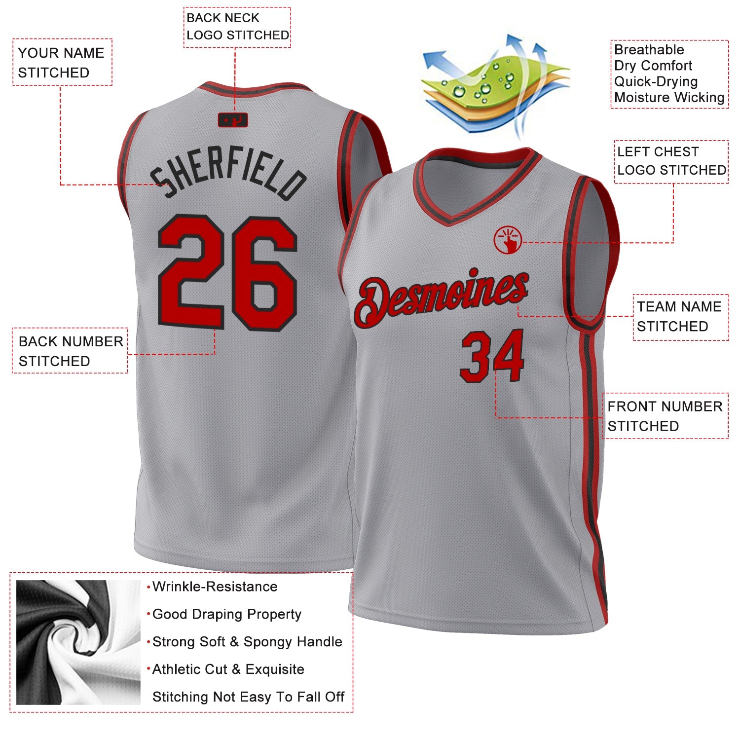 Custom Gray Red-Black Authentic Throwback Basketball Jersey - Sky-Custom