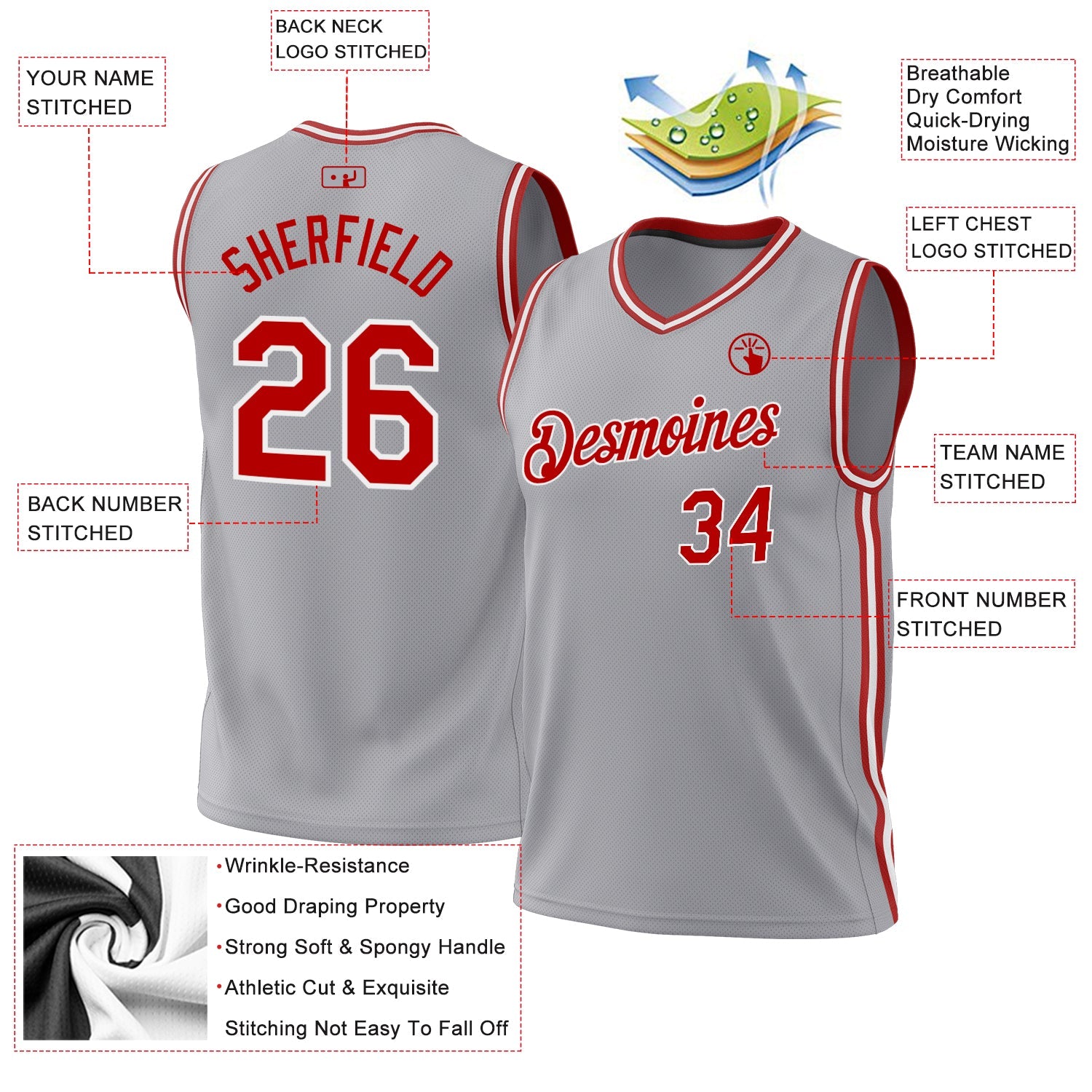 Custom Gray Red-White Authentic Throwback Basketball Jersey - Sky-Custom