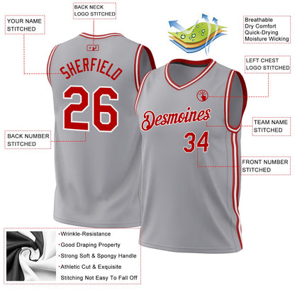 Custom Gray Red-White Authentic Throwback Basketball Jersey - Sky-Custom